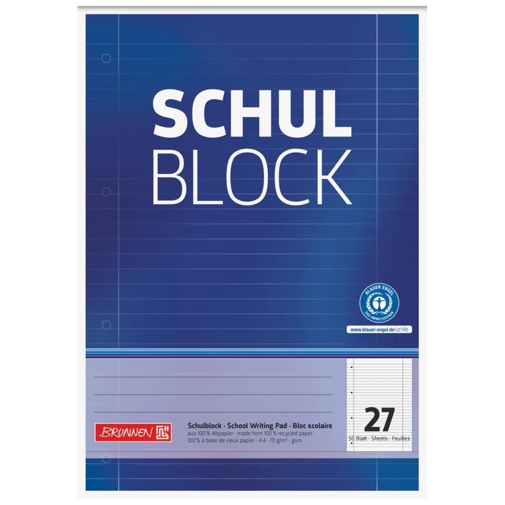Schulblock Recycling gelocht | A4, Lineatur 27, 50 Blatt, blau