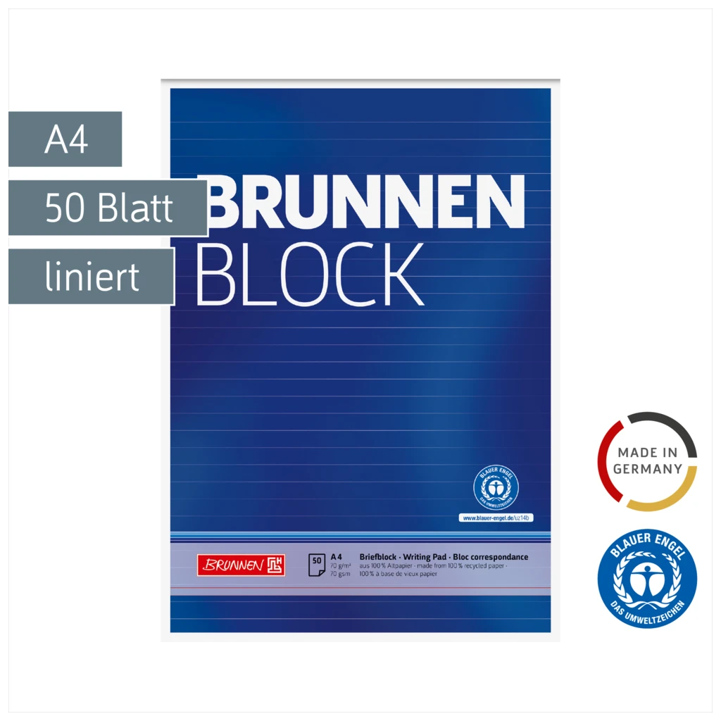 Briefblock „BRUNNEN Block“ Recycling | A4, Lineatur 21, 50 Blatt, blau