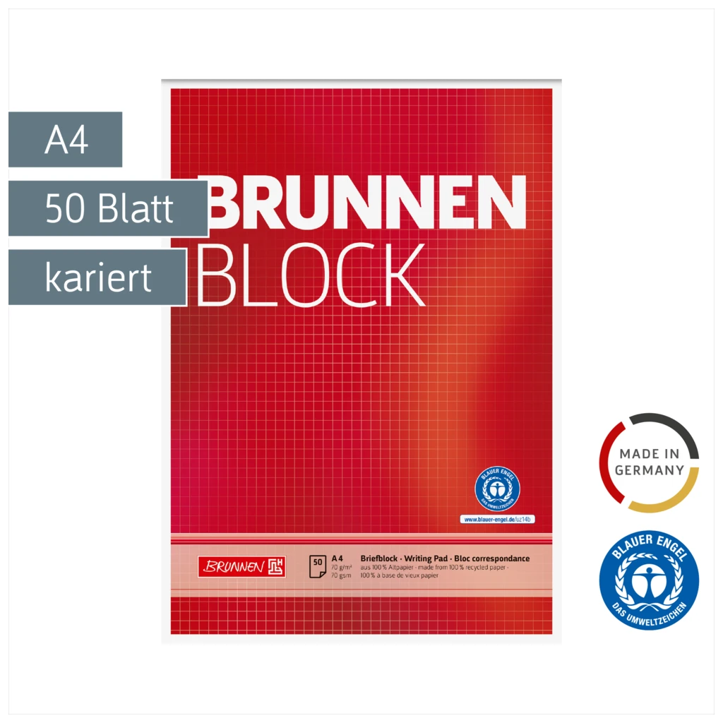 Briefblock „BRUNNEN Block“ Recycling | A4, Lineatur 22, 50 Blatt, rot