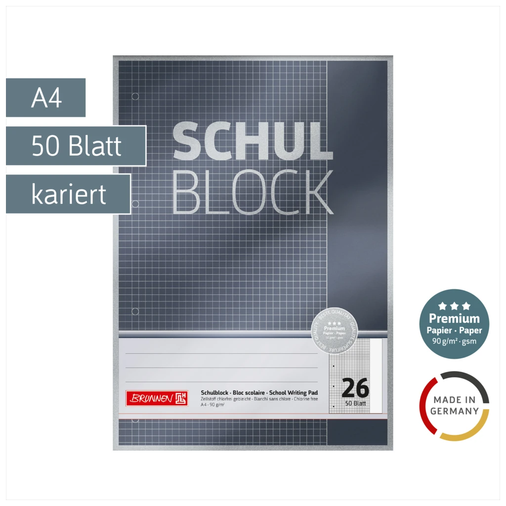 Schulblock Premium | A4, Lineatur 26, 50 Blatt, grau