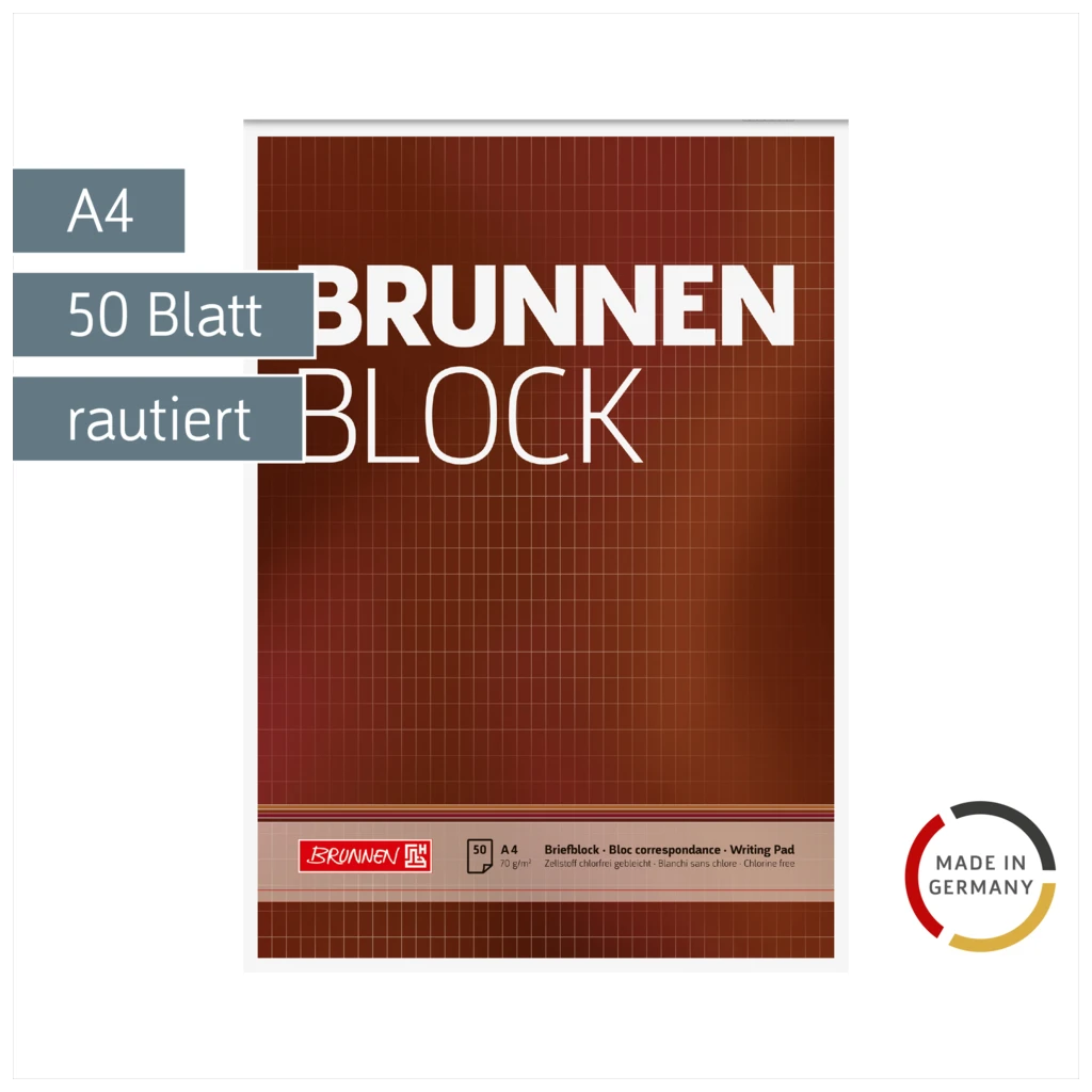 Briefblock „BRUNNEN Block“ | A4, Lineatur 23, 50 Blatt, braun