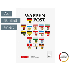 Briefblock „Wappen-Post“ gelocht | A4, Lineatur 37, 50 Blatt, mehrfarbig