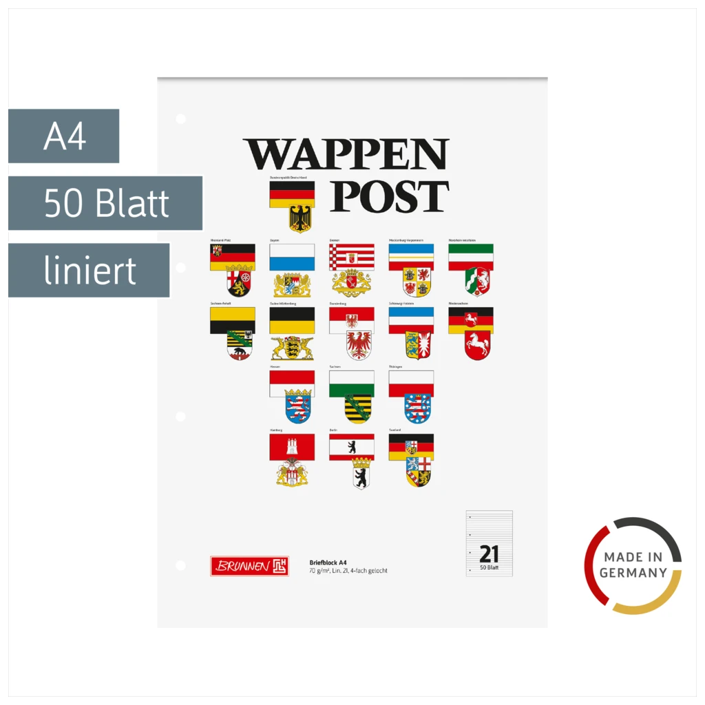 Briefblock „Wappen-Post“ gelocht | A4, Lineatur 21, 50 Blatt, mehrfarbig