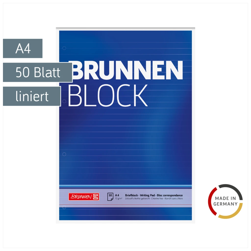 Briefblock „BRUNNEN Block“ gelocht | A4, Lineatur 21, 50 Blatt, blau