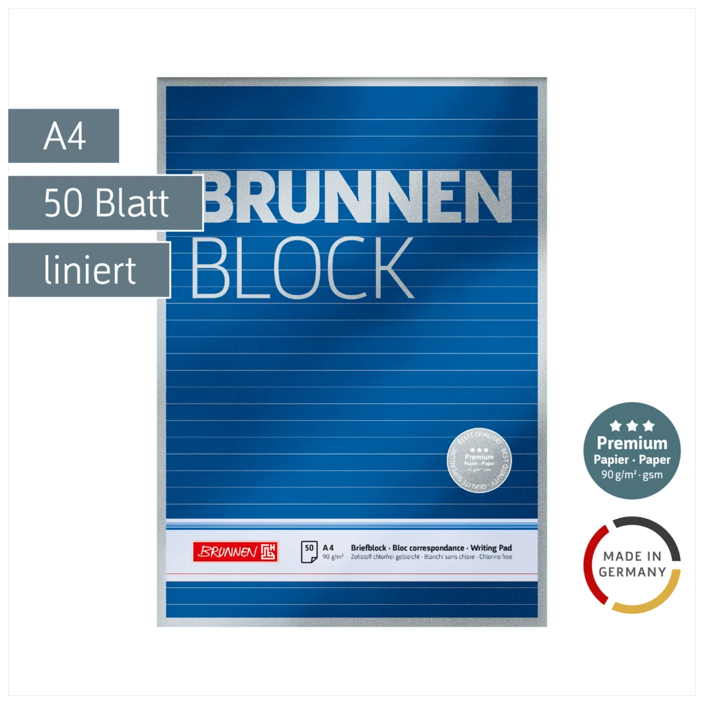 Briefblock Premium „BRUNNEN Block“ | A4, Lineatur 21, 50 Blatt, blau