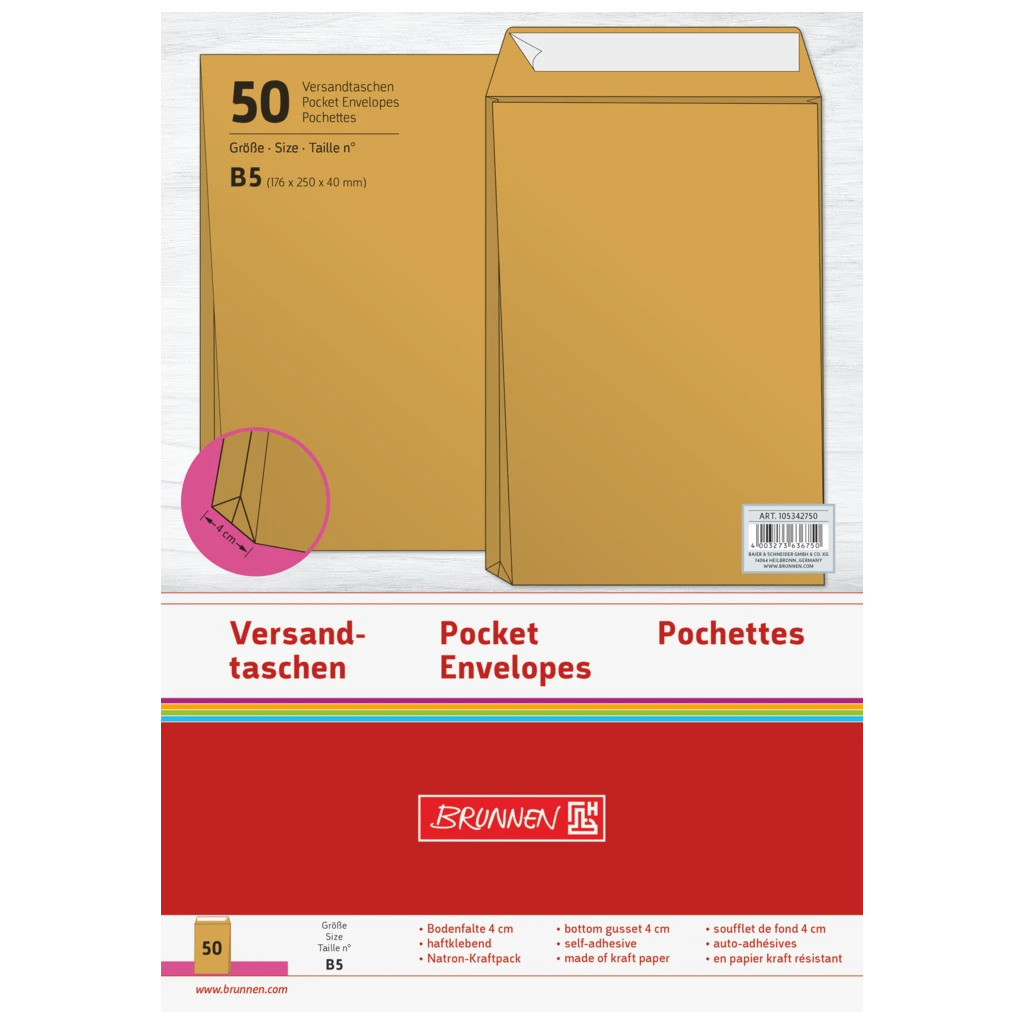 Versandtaschen mit Faltboden | 176×250 mm, B5, 110 g/m², braun, 50 Stück