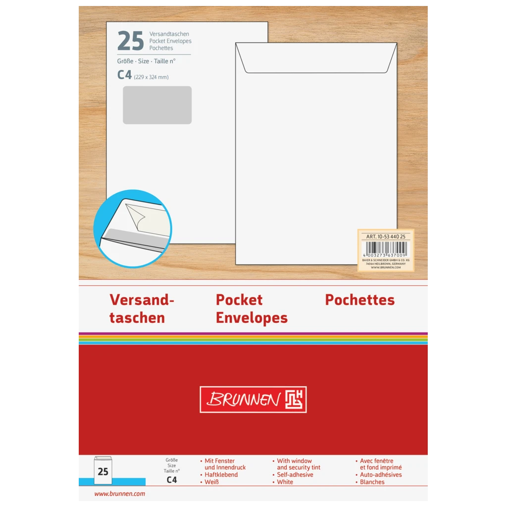 Versandtaschen mit Fenster | 229×324 mm, C4, 120 g/m², weiß, 25 Stück