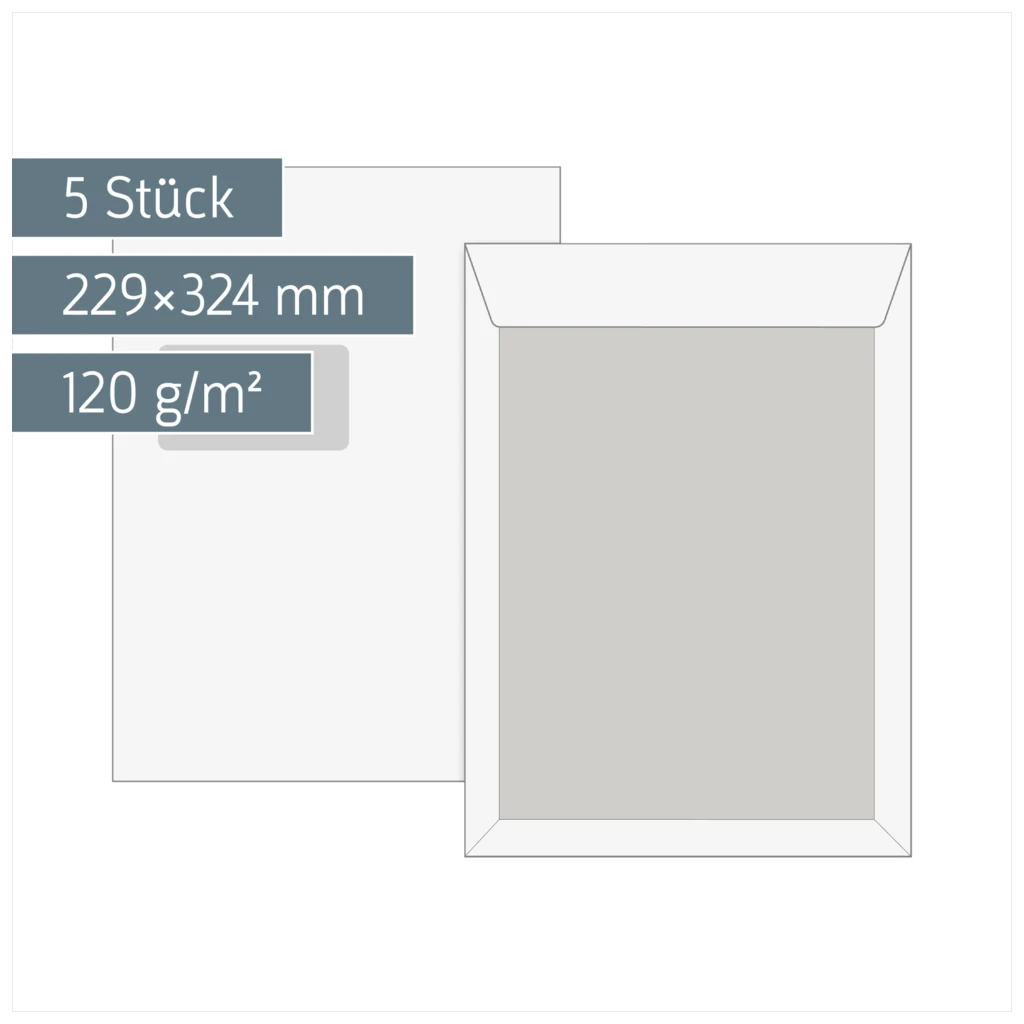Versandtaschen mit Kartonrückwand | 229×324 mm, C4, 120 g/m², weiß, 5 Stück