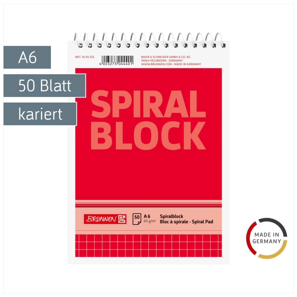 Spiralnotizblock | A6, kariert, 50 Blatt, rot