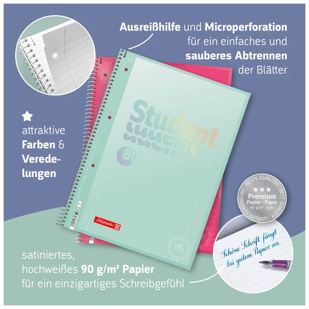 Collegeblock Premium Student | A4, Lineatur 20, 80 Blatt, grün