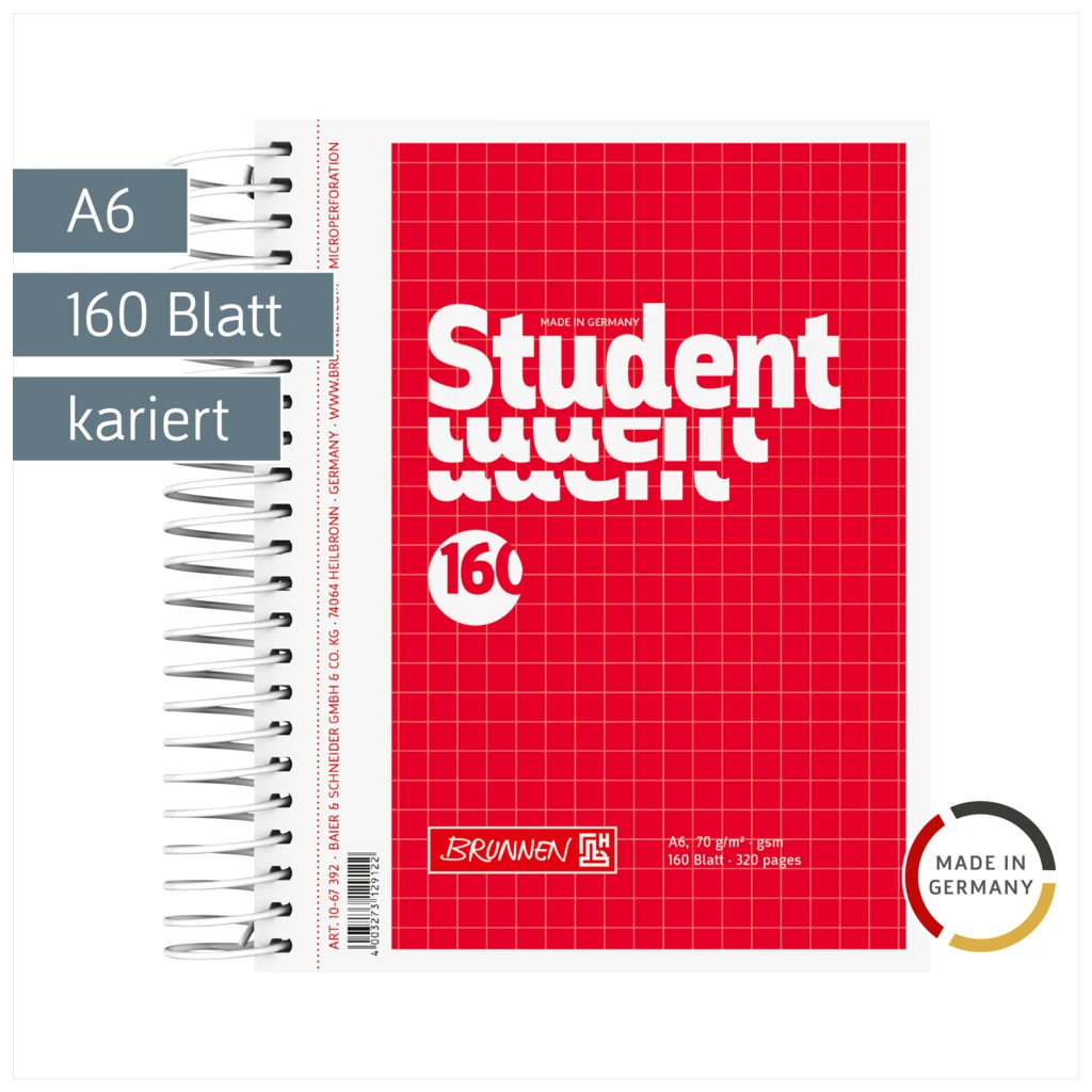 Collegeblock Student | A6, kariert, 160 Blatt, rot