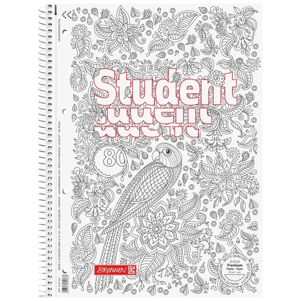 Collegeblock Premium Student „Papagei“ ZENart | A4, Lineatur 27, 80 Blatt, weiß