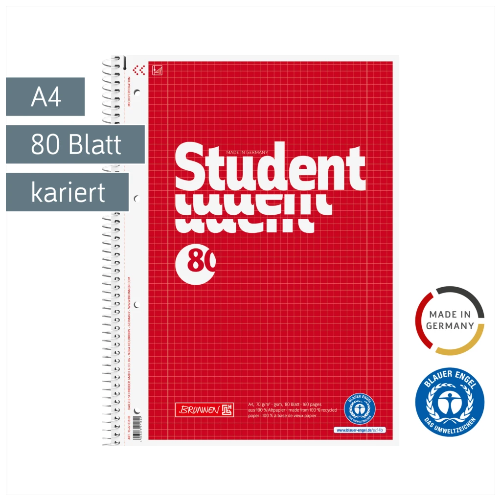 Collegeblock Student Recycling | A4, Lineatur 28, 80 Blatt, rot