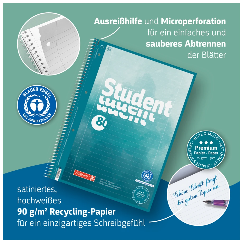 Collegeblock Student Recycling | A4, Lineatur 28, 80 Blatt, grün/mehrfarbig