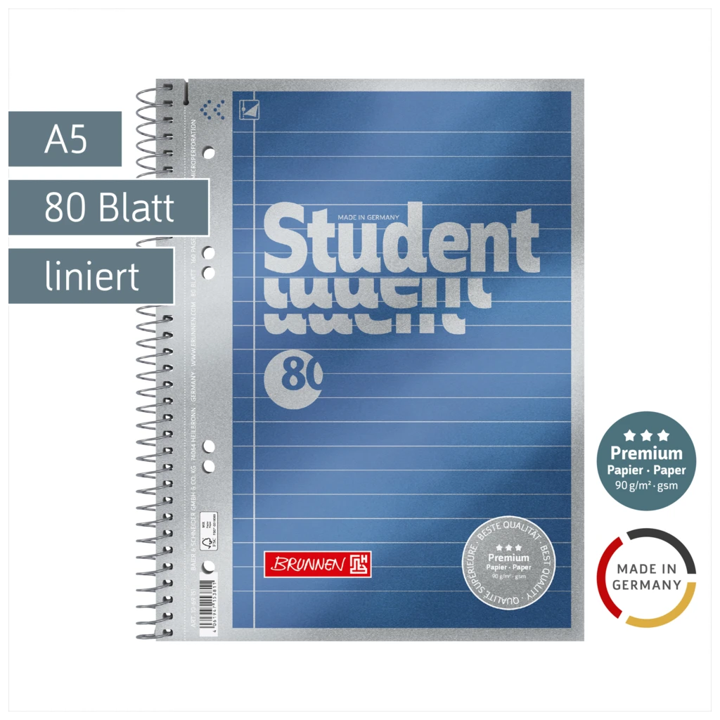 Collegeblock Premium Student | A5, Lineatur 4, 80 Blatt, blau