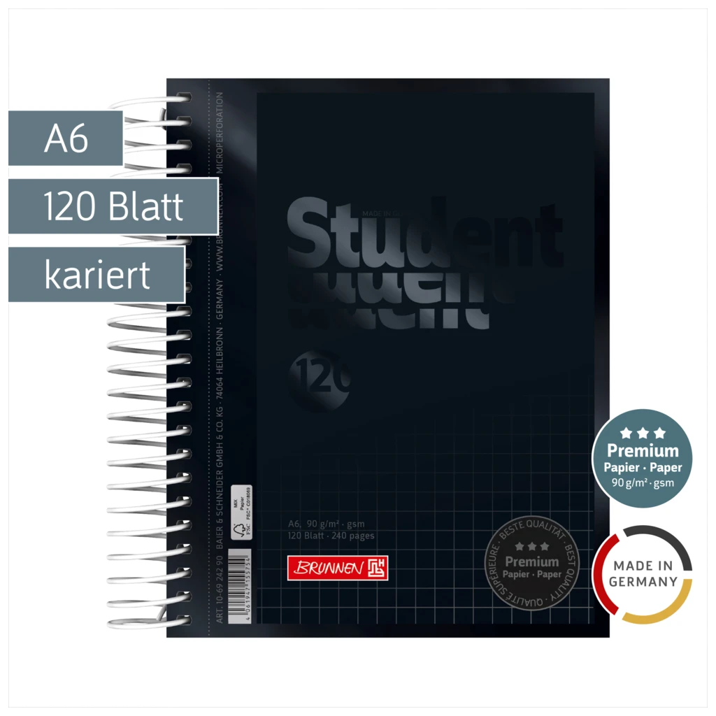 Collegeblock Premium Student Colour Code | A6, kariert, 120 Blatt, onyx
