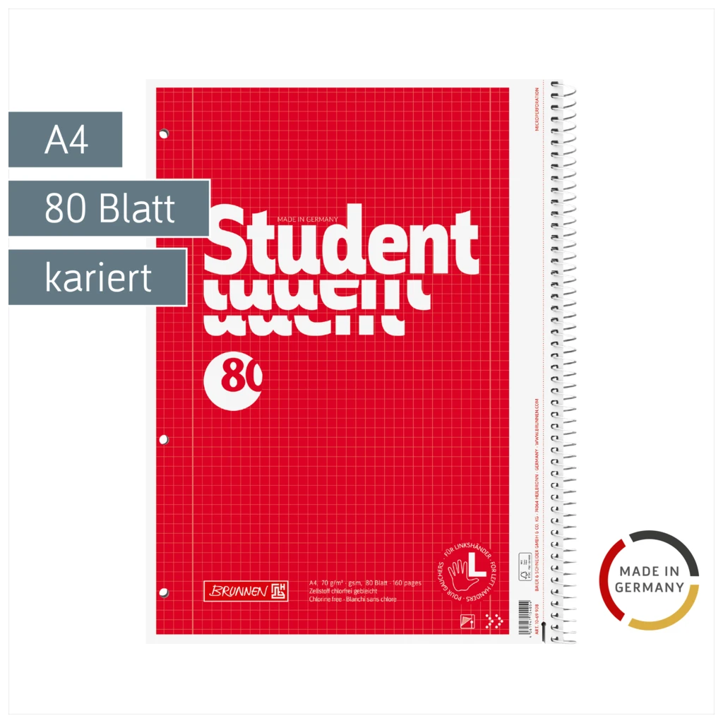Collegeblock Student Linkshänder | A4, Lineatur 28, 80 Blatt, rot