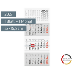 3-Monatskalender 2027 | grau, 32×74 cm