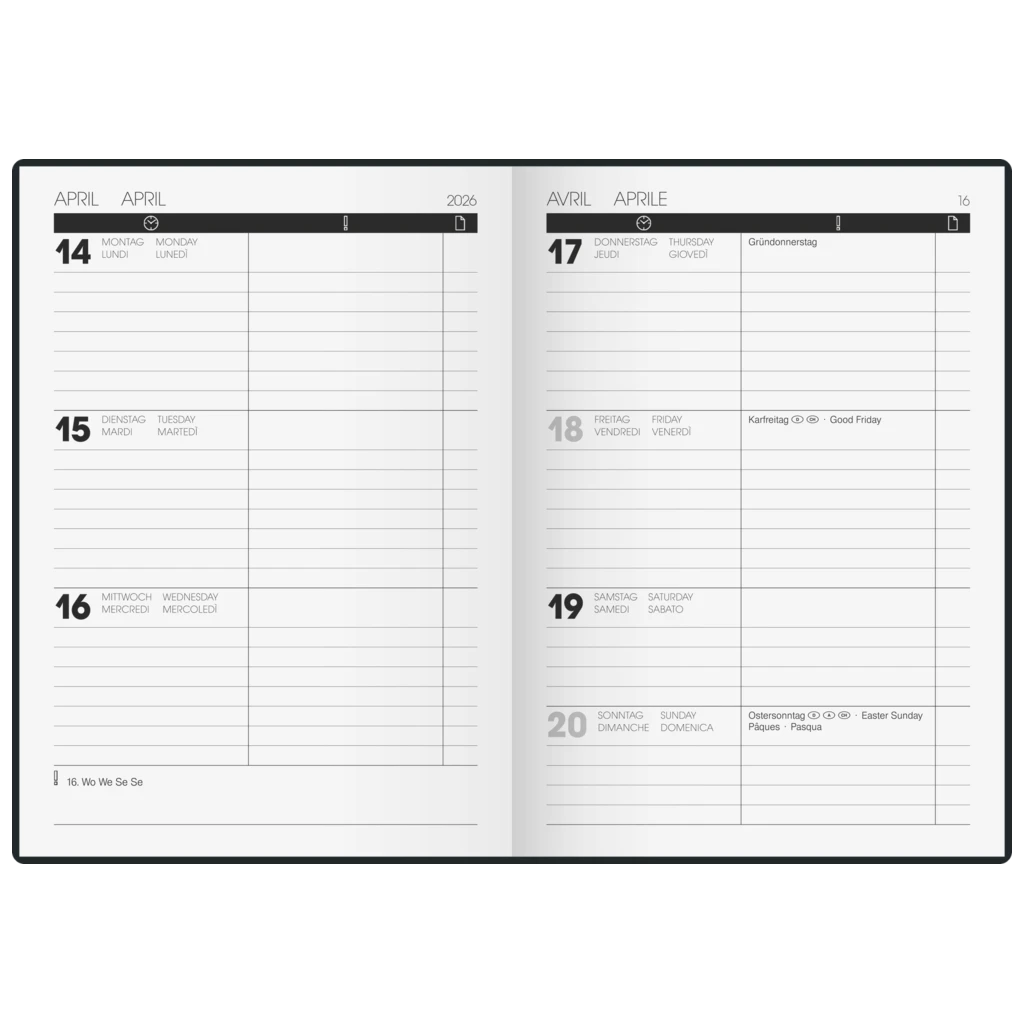 Taschenkalender TimeCenter Mod. 728 2026 | A6, Kunststoff, schwarz