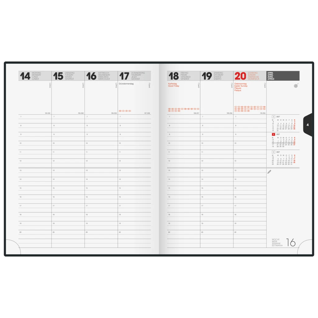 Buchkalender Mod. Manager Wt 7 weektimer 2027 | 21×26 cm, Kunstleder, schwarz