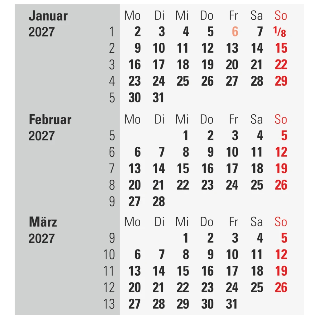 3-Monats-Tischkalender 2027 | 9×12 cm, schwarz