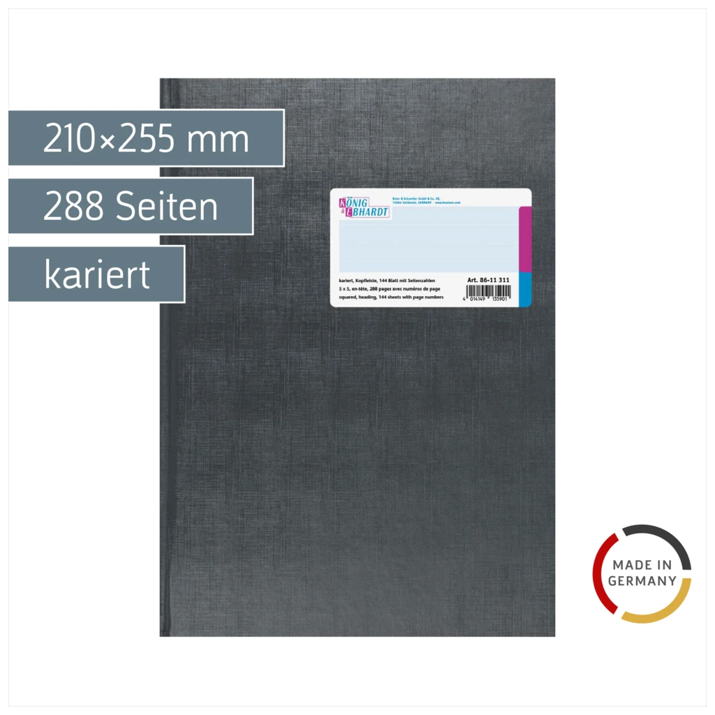 Geschäftsbuch mit Kopfleiste | A4, 288 Seiten, mit Seitenzahlen, kariert, Kunststoff, grau