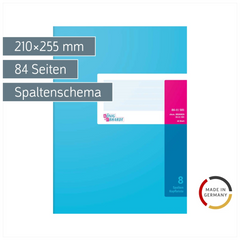 Spaltenbuch mit Kopfleiste | 210×255 mm, 84 Seiten, 8 Spalten, Karton, magenta/hellblau