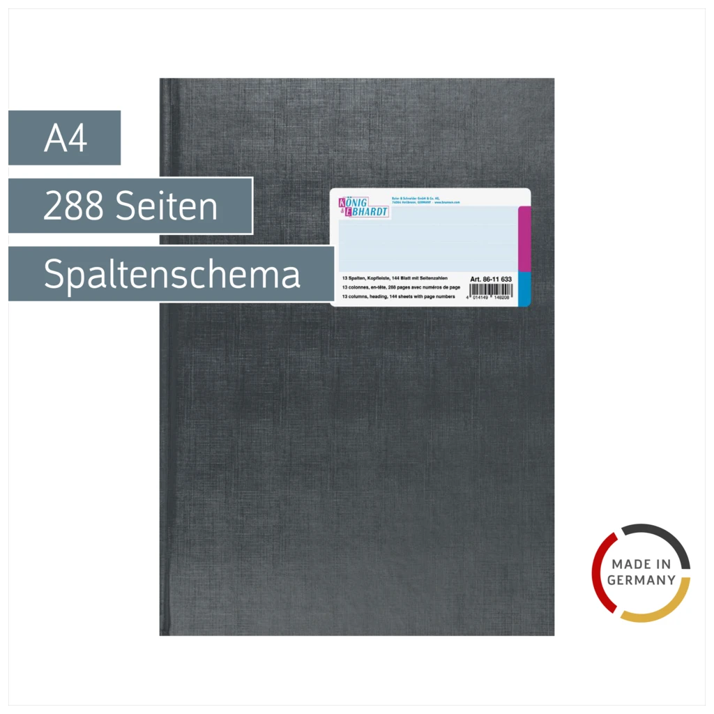 Spaltenbuch mit Kopfleiste | A4, 288 Seiten, mit Seitenzahlen, 13 Spalten, Kunststoff, grau