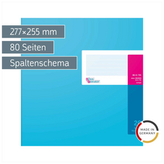 Spaltenbuch mit Kopfleiste | 277×255 mm, 80 Seiten, 20 Spalten, Karton, magenta/hellblau