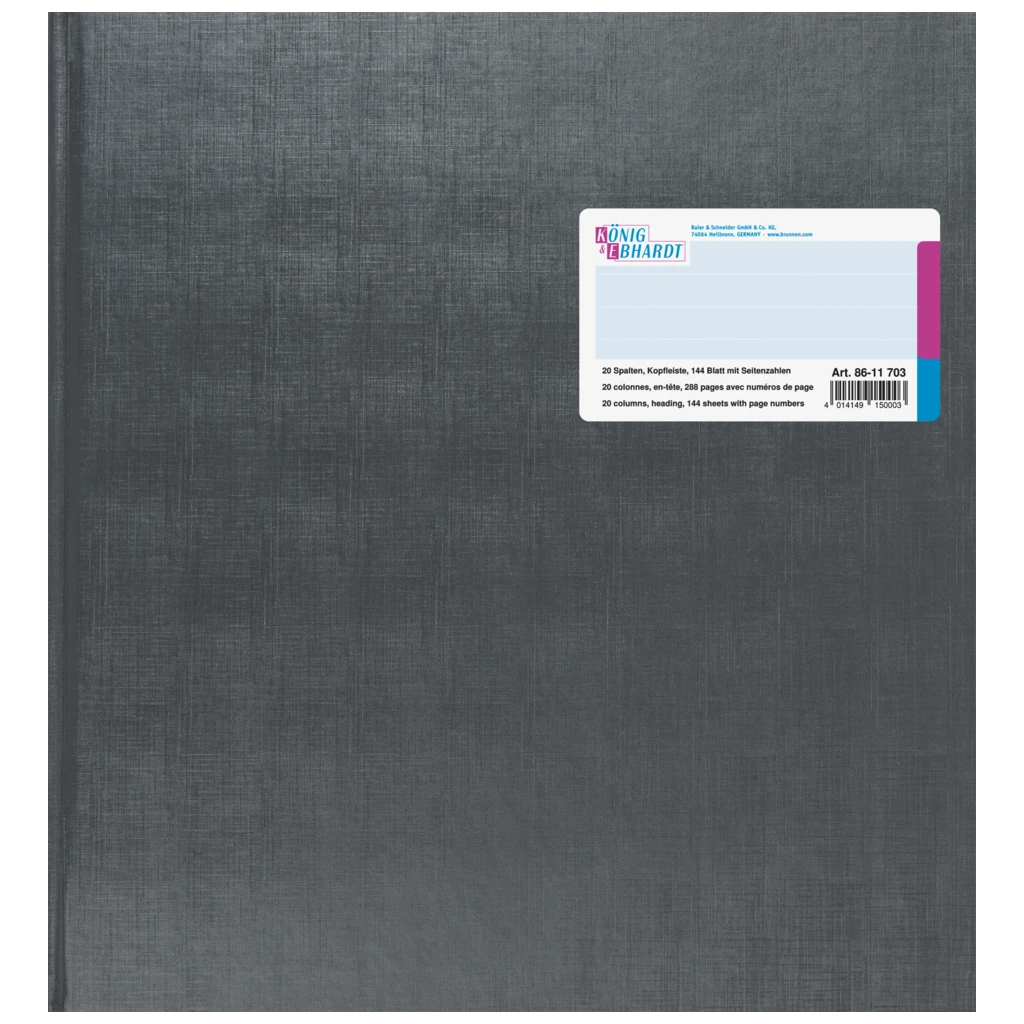 Spaltenbuch mit Kopfleiste | 277×255 mm, 288 Seiten, mit Seitenzahlen, 20 Spalten, Kunststoff, grau