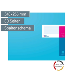 Spaltenbuch mit Kopfleiste | 348×255 mm, 80 Seiten, 26 Spalten, Karton, magenta/hellblau