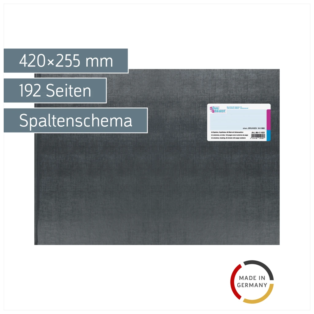 Spaltenbuch mit Kopfleiste | 420×255 mm, 192 Seiten, mit Seitenzahlen, Spaltenschema, Kunststoff, grau