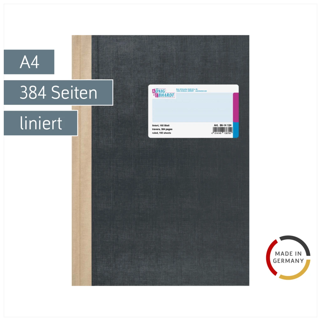 Geschäftsbuch | A4, 384 Seiten, mit Seitenzahlen, liniert, Kunststoff, grau