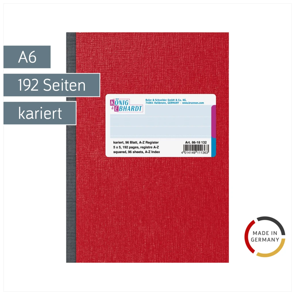 Kladde | A6, 192 Seiten, kariert, Karton, rot