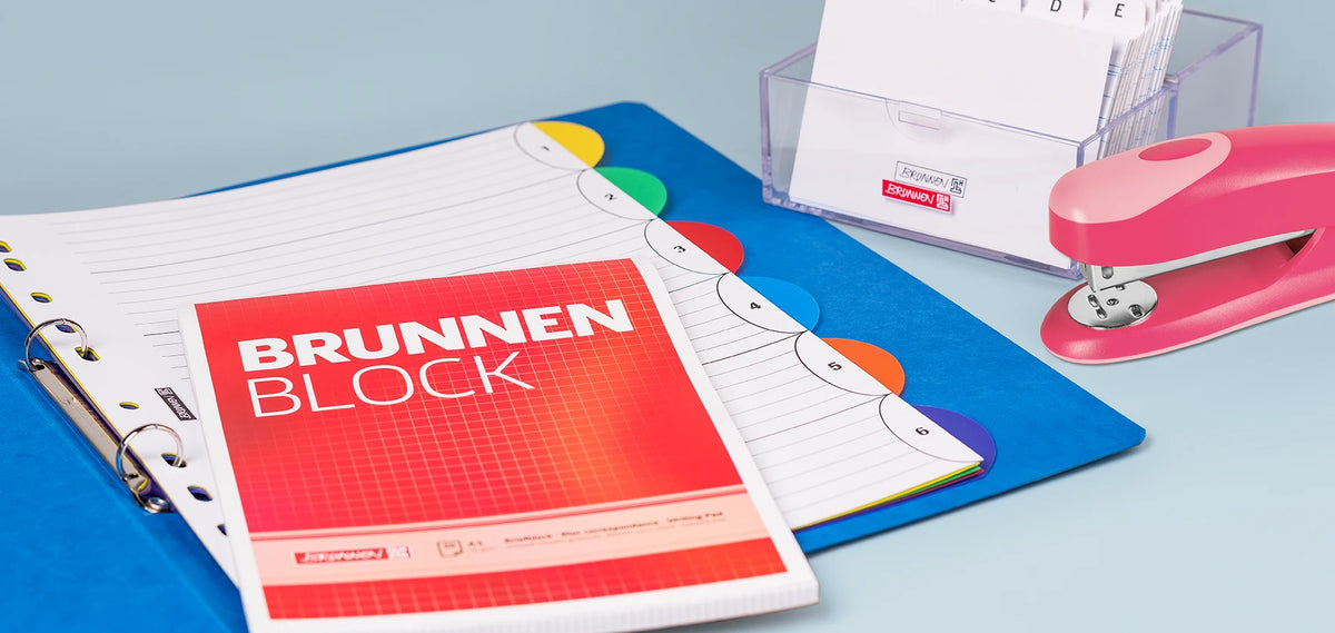 Schulartikel, Notizblock, Register, Hefter, Karteikasten